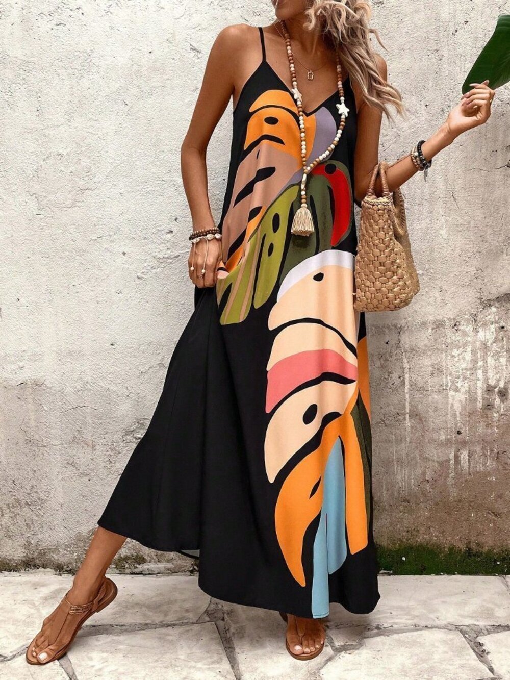Multicolor Casual Women's Colorful Leaf Printed Strappy Dress Maxi Outfit